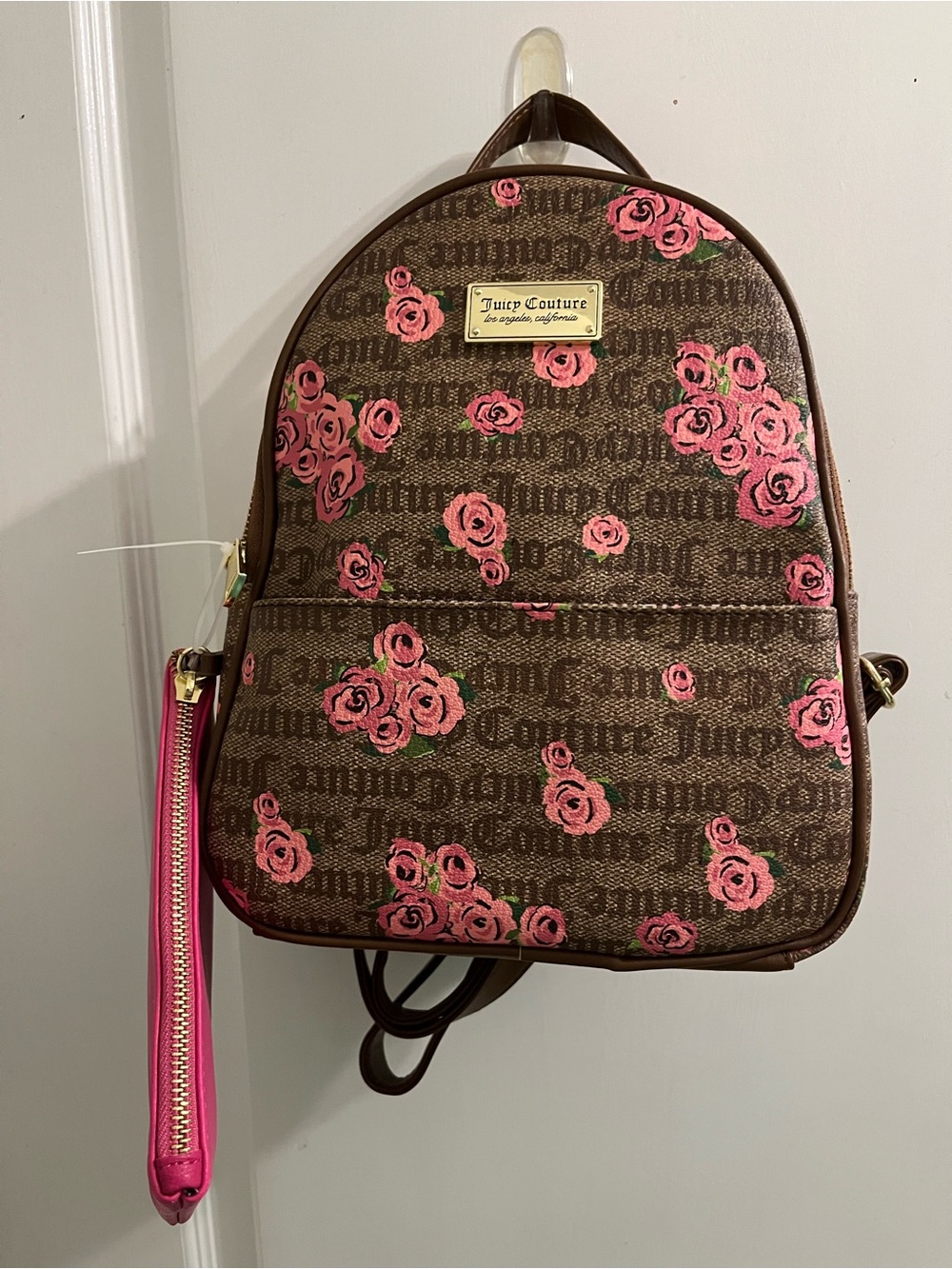 Juicy Couture Brown Backpack with Pink Rose Print & Gold Plaque